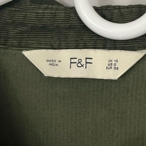 F&F Corduroy Olive Green Tiered Cotton Mini Dress Button Front Size 10 - Picture 3 of 9